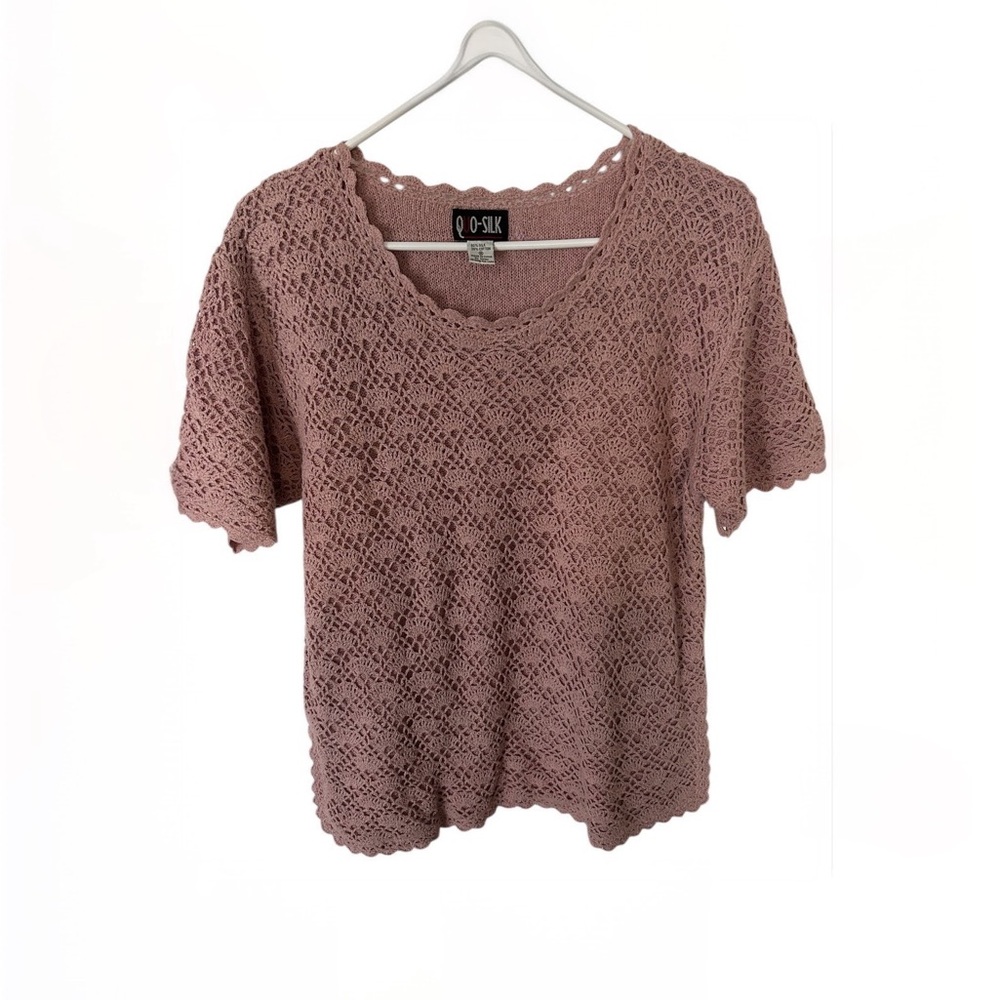 Quo-Silk Women's Dusty Rose Crochet Short Sleeve Silk Blend Jacquard Top Sz M